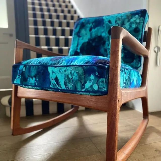 @timorous_beasties storm blotch sits beautifully against the rich teak of this Ole Wanscher mid century rocking chair.