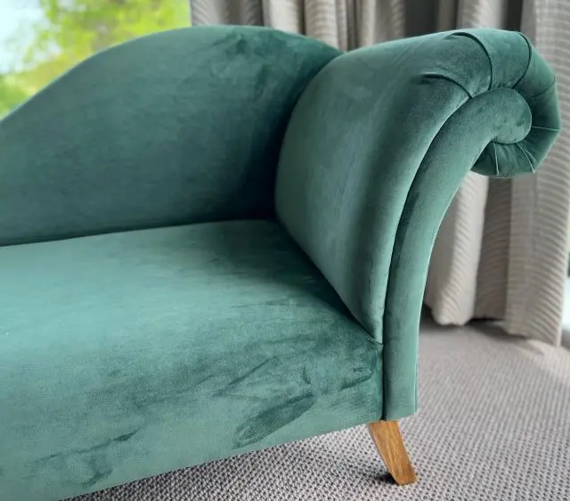 A quick recover of this chaise in a beautiful green Linwood velvet.